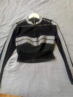 WOW Couture Black Mesh Zip Crop Top with White Greek Key Trim